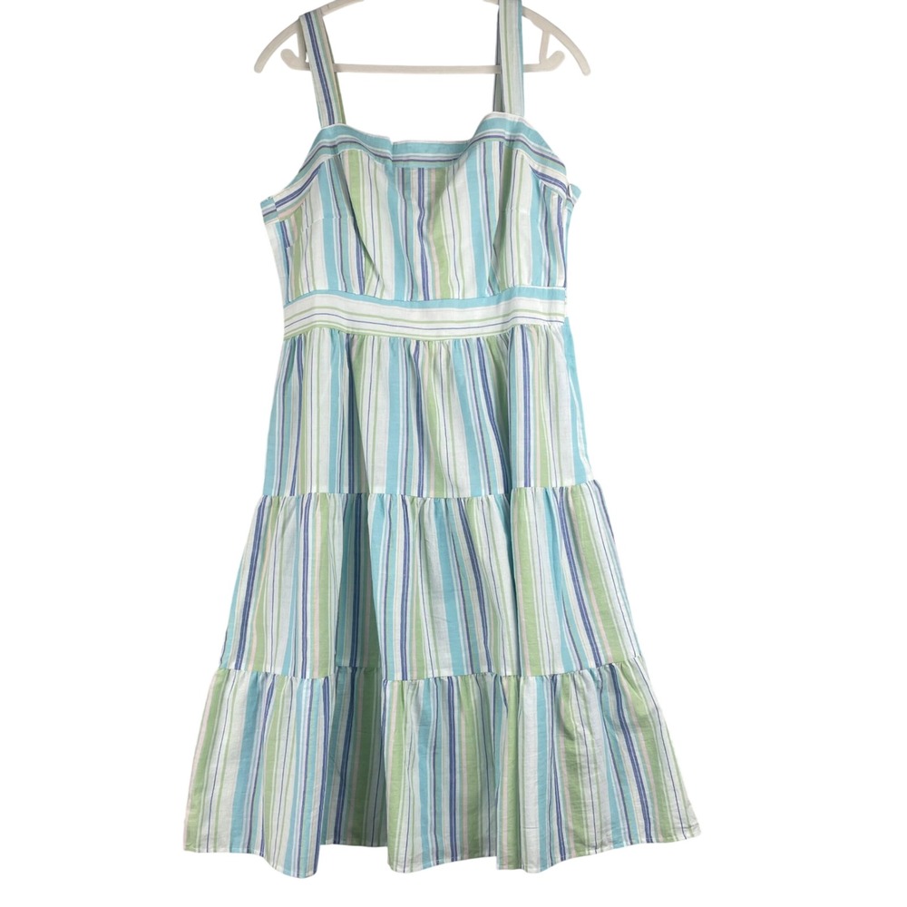 Umgee USA Blue Green Striped Tiered Midi Dress Womens Large Sleeveless Summer